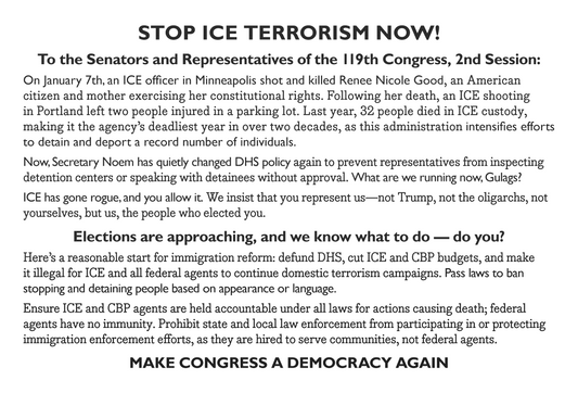 Card 30: Stop ICE: Postcard to Congress (pack of 10)